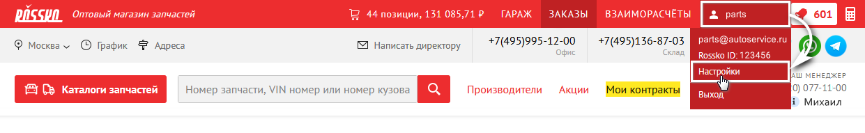 Веб-сервис Rossko - Настройки