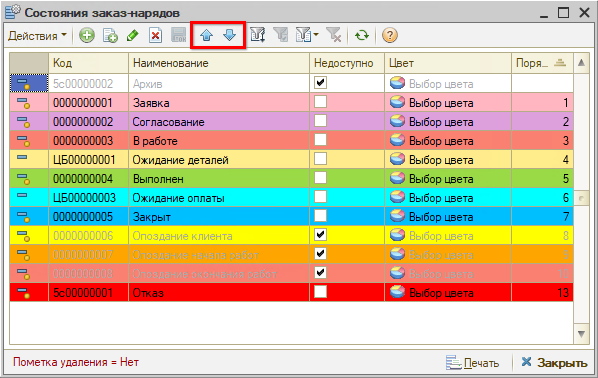 Заказ-наряд - Состояния - Таблица - Кнопки