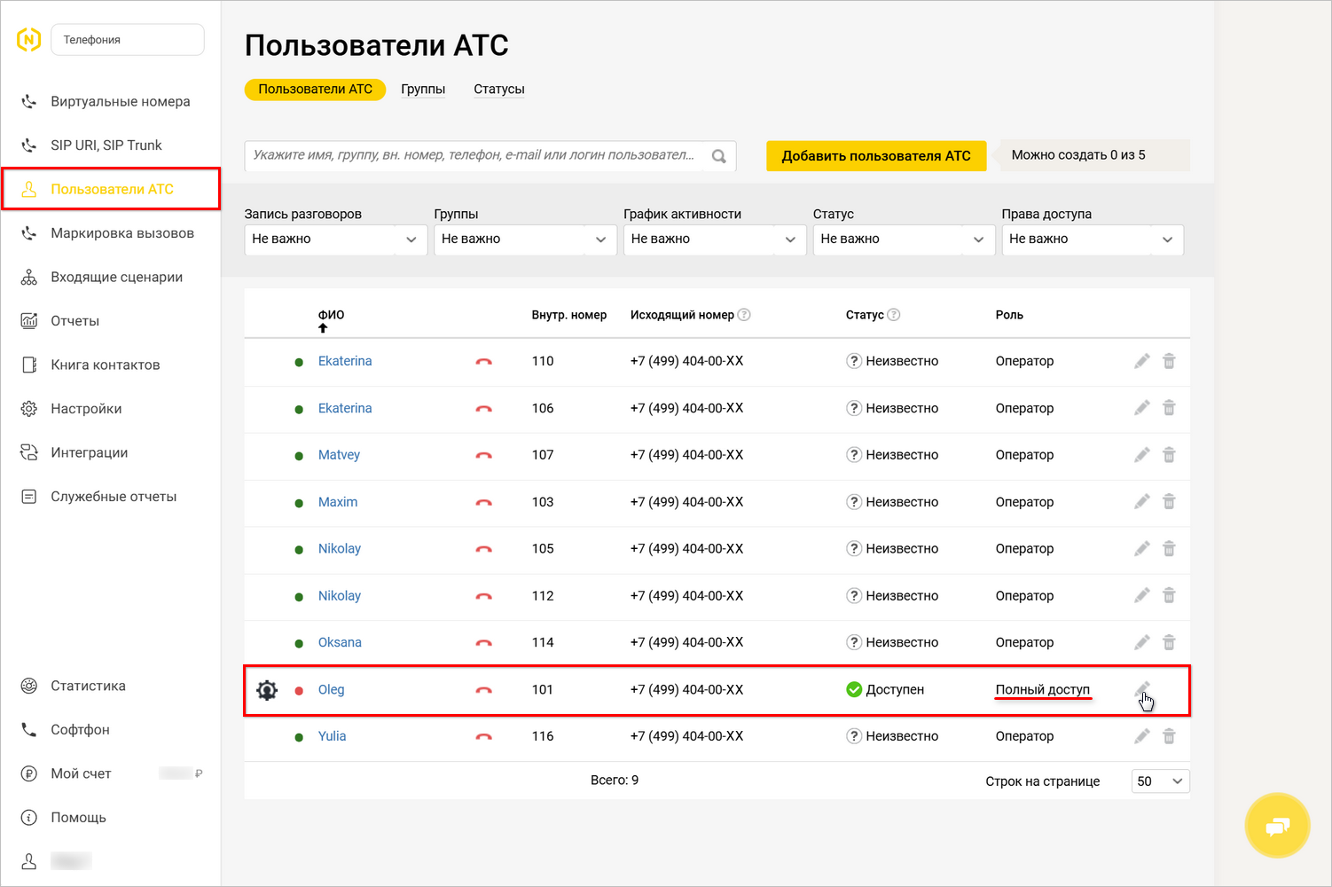 Интеграция с телефонией Novofon - ЛК - Пользователи