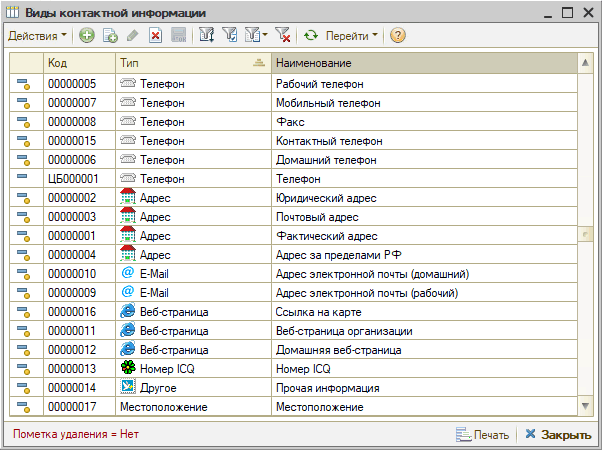 Контрагенты - Справочник Виды контактной информации