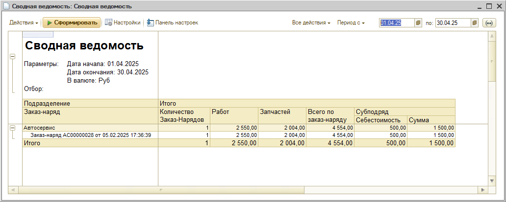 Отчет Сводная ведомость по субподрядам