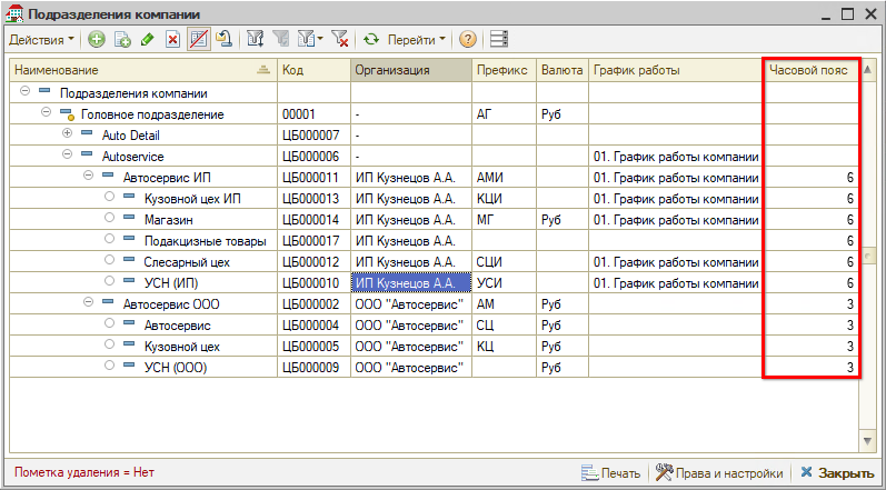 Часовые пояса - ЧП в списке подразделений