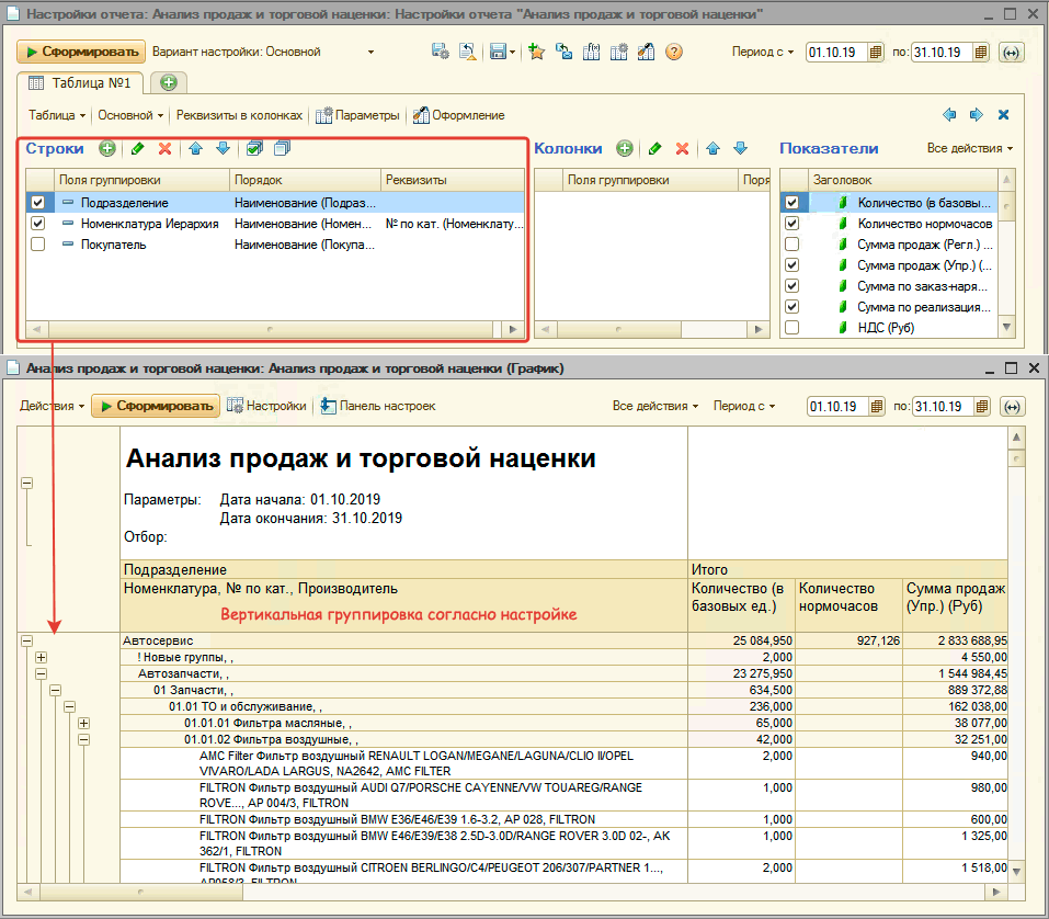 Настройка строк отчета