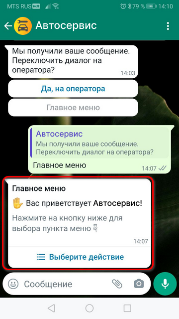 WhatsApp - Отображение сообщения с опциями