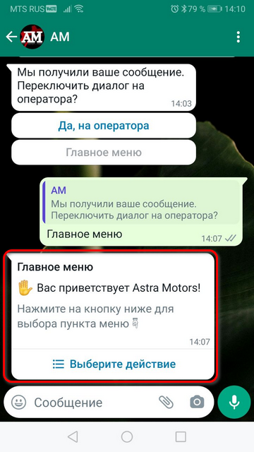 WhatsApp - Отображение сообщения с опциями