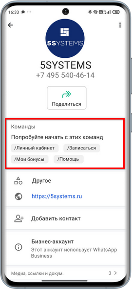 WABA - Страница контакта - Команды